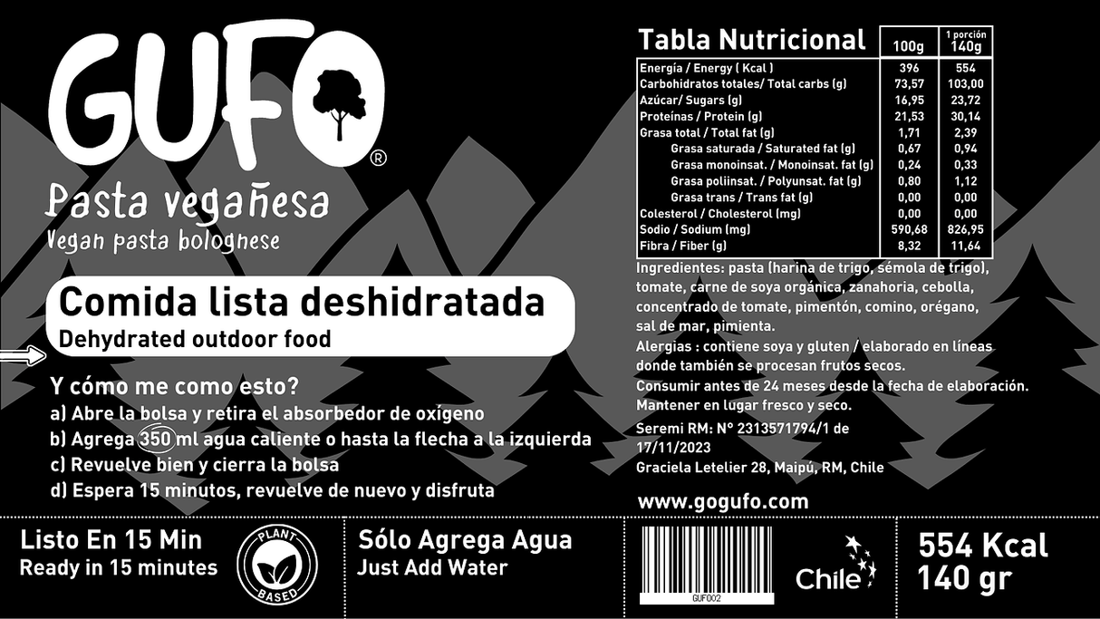 Comida Liofilizada Pasta Vegañesa