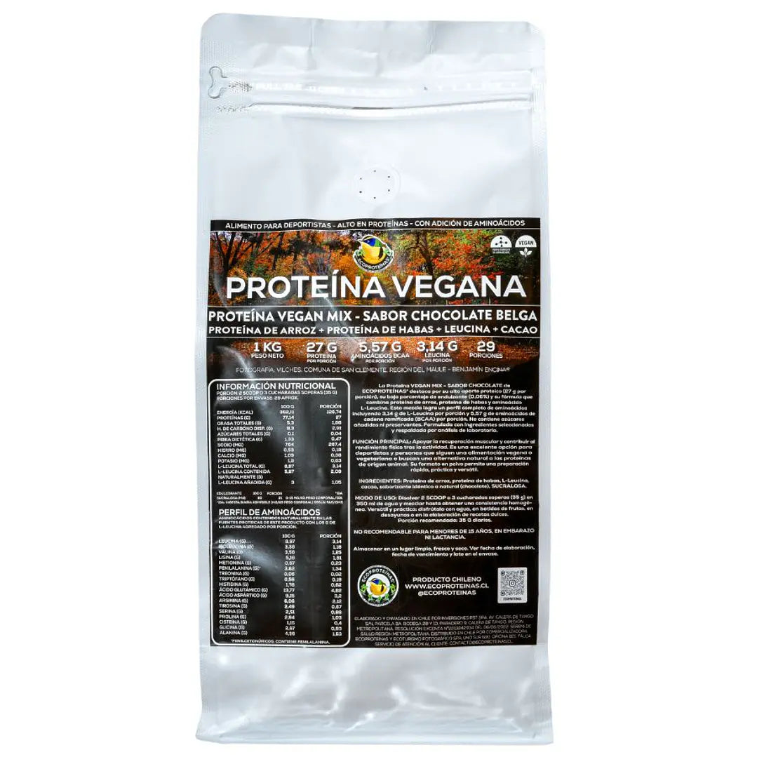 Proteína Vegan Mix Sabor Chocolate 1 kg (Proteína de Arroz + Proteína de Habas + Leucina + Cacao) – EcoProteínas®